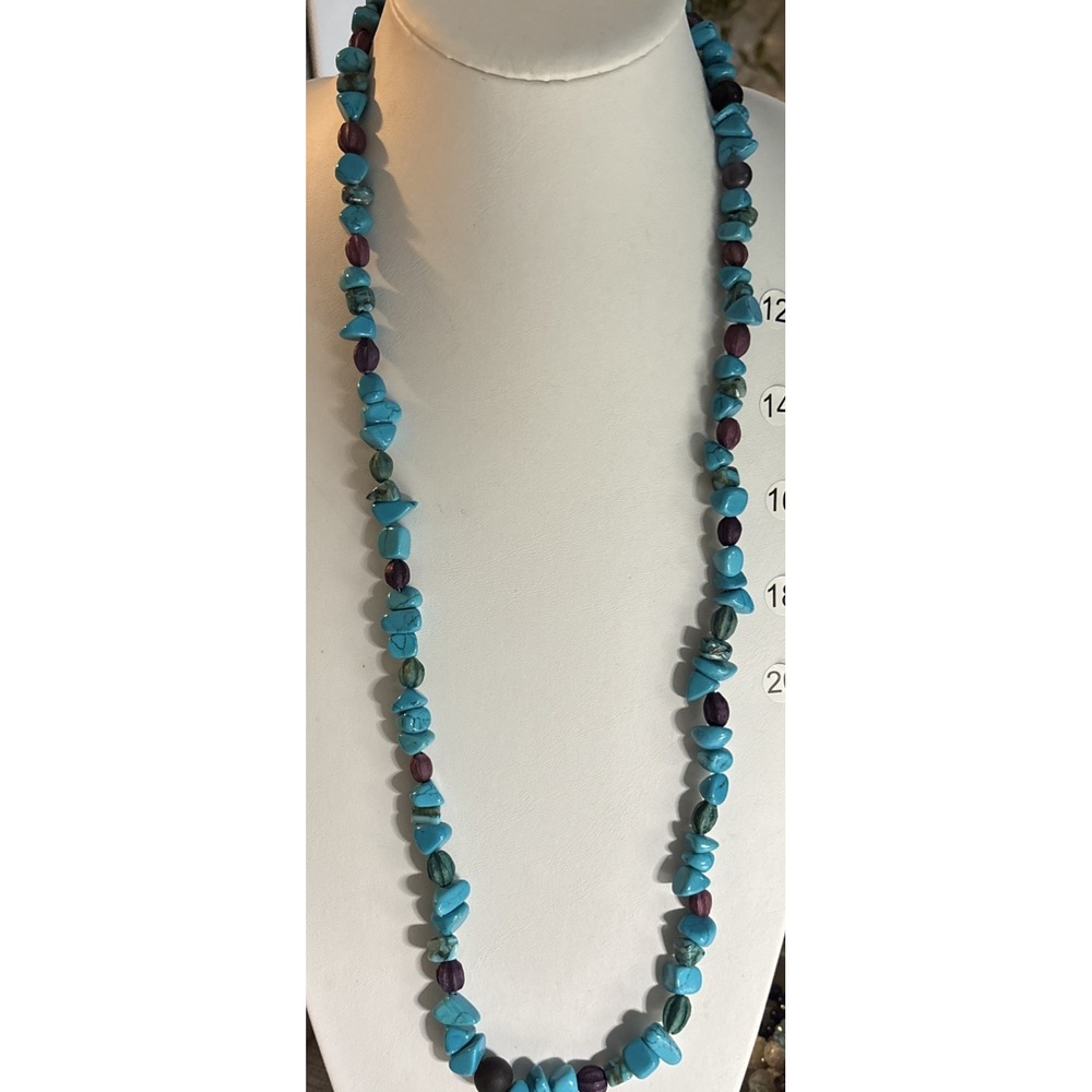 Turquoise Color Tumbled Stone Chip Necklace Purple Green Beads Boho 32"